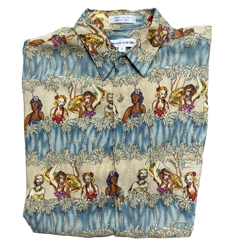 Pierre Cardin Vintage Hula Girl Hawaiian Shirt M Tahiti Sexy Aloha  Beauties